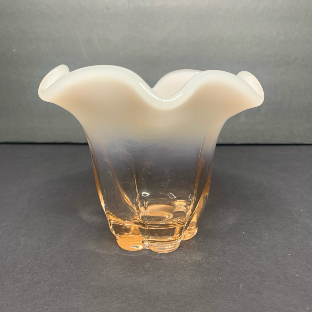 Vintage Duncan and Miller Pink Canterbury Opalescent Glass Ruffled Vase